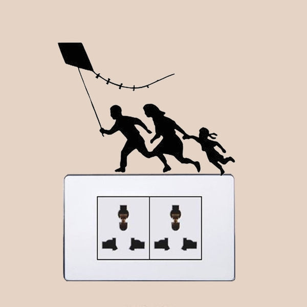 Banksy Running Family With Kite Vinyl Home Wall Power Outlet Sticker - Astro Sapien