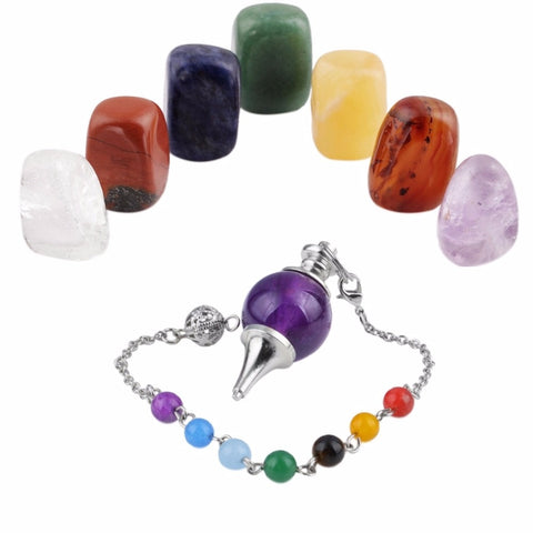 7 Chakra Stones Tumbled Stones & Pendulum Meditation Set - Astro Sapien