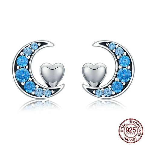 925 Sterling Silver Blue CZ Moon & Sweet Heart Stud Earrings - Astro Sapien