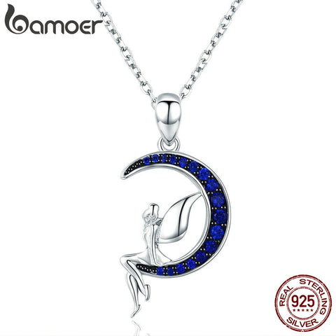 BAMOER Hot Sale 100% 925 Sterling Silver Lucky Fairy in Blue Moon Pendant Necklaces Women Sterling Silver Jewelry Gift SCN244 - Astro Sapien