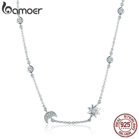 BAMOER 100% 925 Sterling Silver Sparkling Moon and Star Exquisite Pendant Necklaces for Women 925 Silver Jewelry Gift SCN272 - Astro Sapien