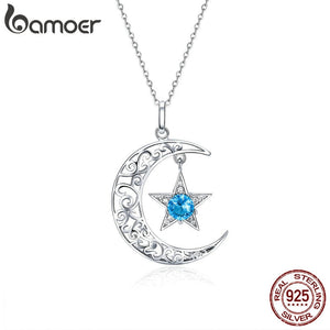BAMOER Romantic 925 Sterling Silver Sparkling Moon And Star Necklaces Pendants for Women Fashion Necklace Jewelry Gift SCN278 - Astro Sapien
