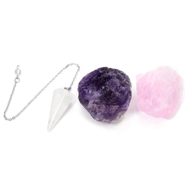 Natural Amethyst Rose Quartz Crystal Dowsing Pointed Pendulum Rough Gemstone Healing Kit - Astro Sapien