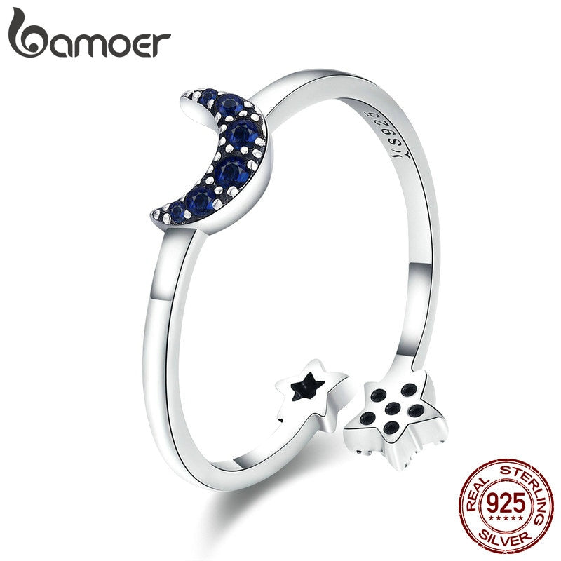 BAMOER Real 925 Sterling Silver Sparkling Blue Moon Star Clear CZ Finger Rings for Women Wedding Engagement Jewelry anel SCR437 - Astro Sapien